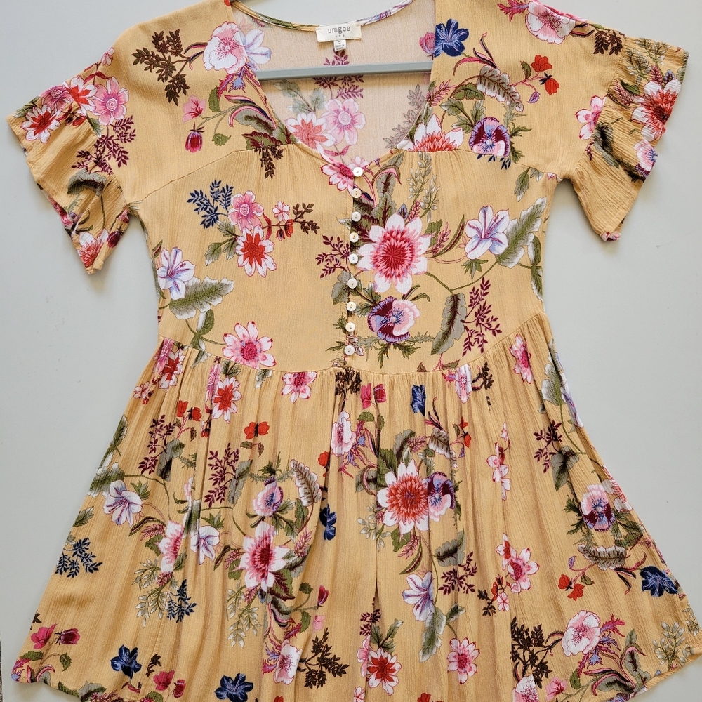 Umgee Boho Floral Button Front Mini Babydoll Dress Tunic Top Size Small